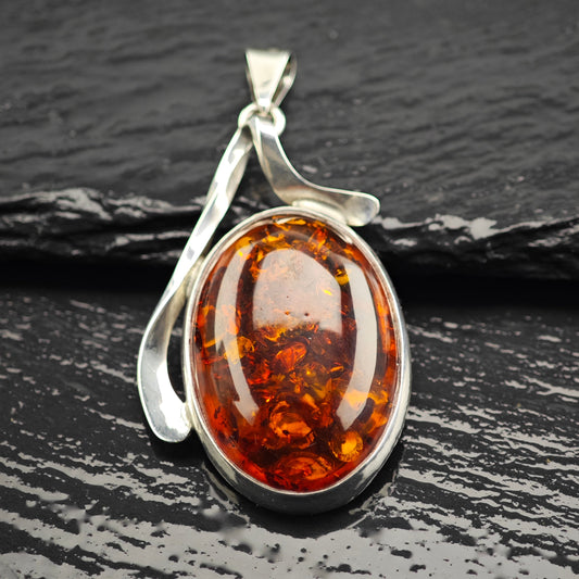 Natural Amber Oval Pendant Sterling Silver P2932