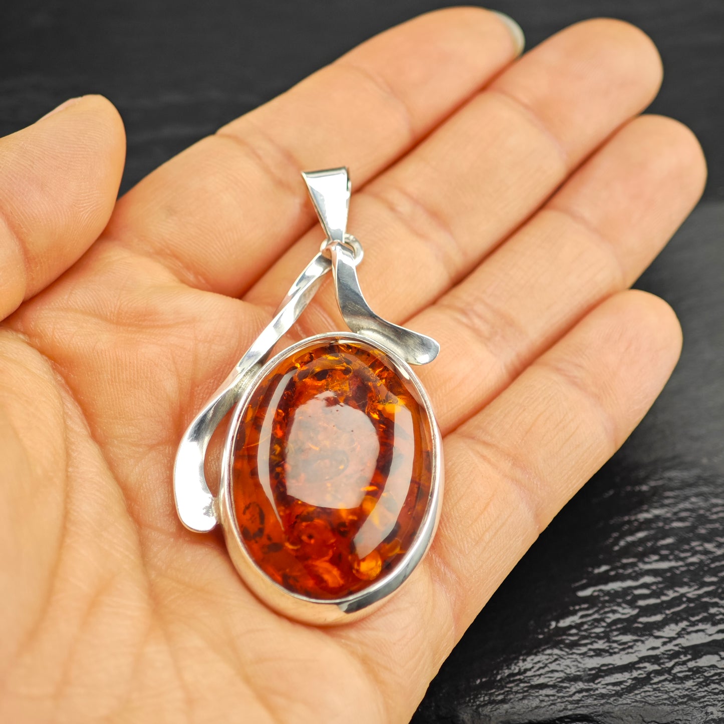 Natural Amber Oval Pendant Sterling Silver P2932