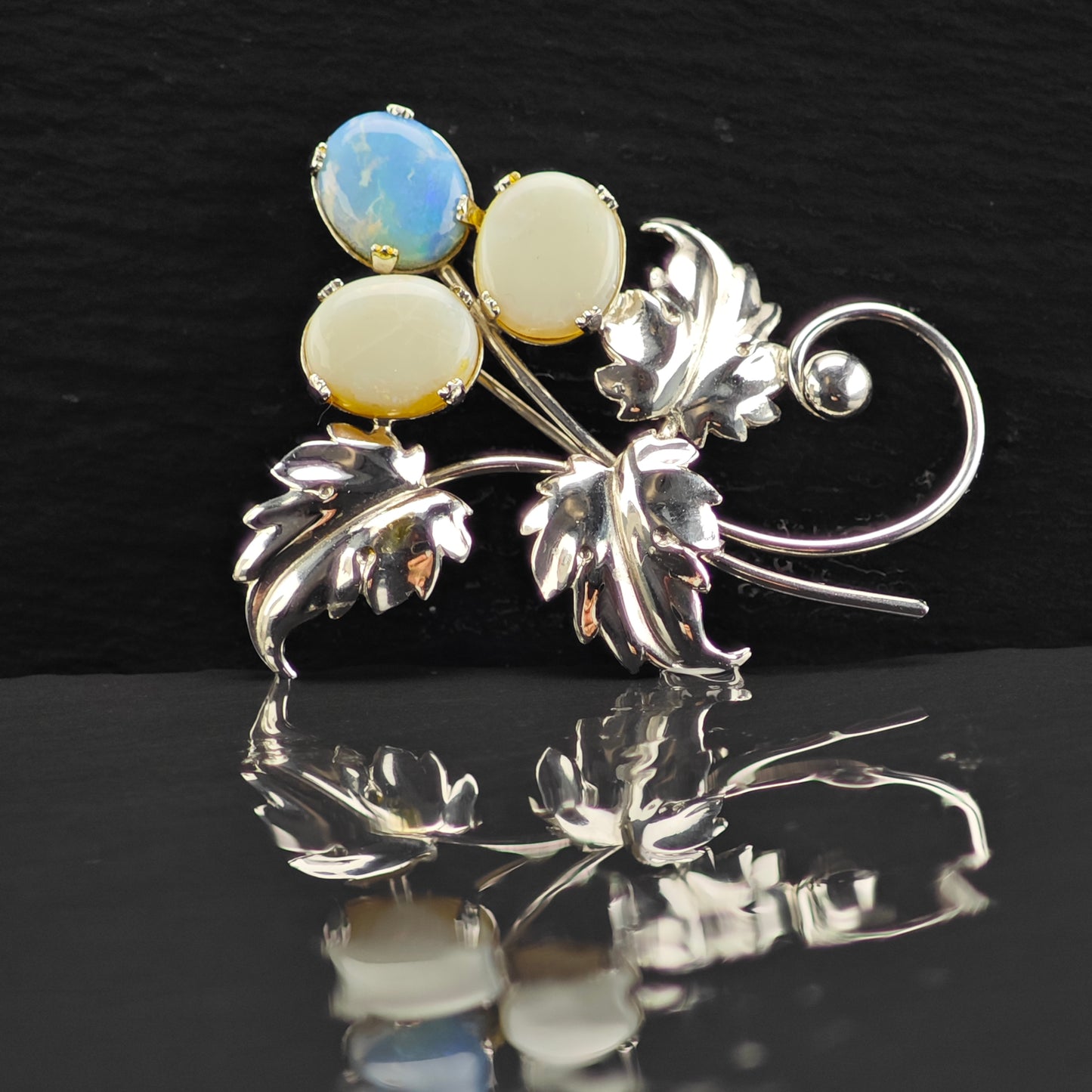 Vintage Opal Doublet Leaf Brooch Sterling Silver B2157