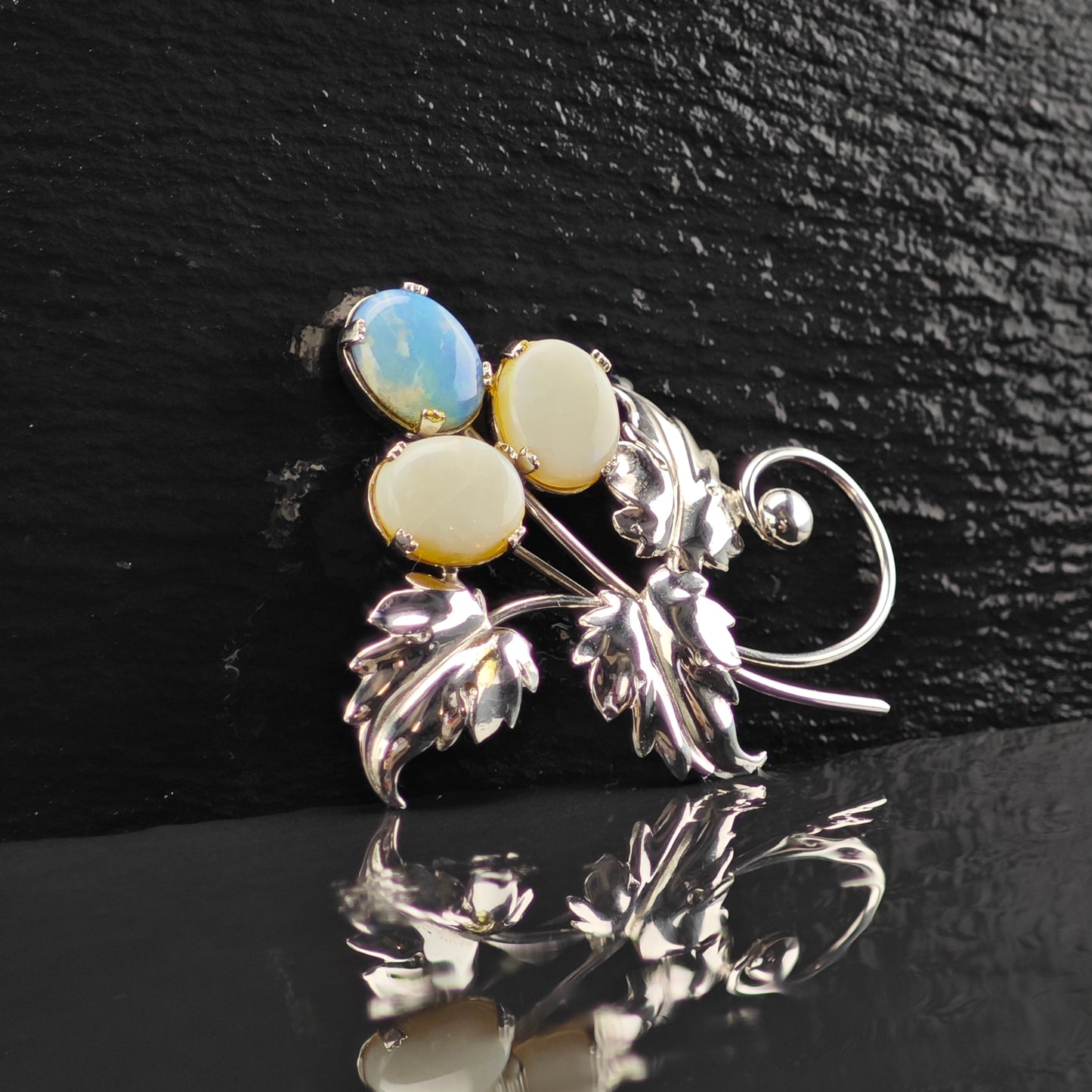 Vintage Opal Doublet Leaf Brooch Sterling Silver B2157
