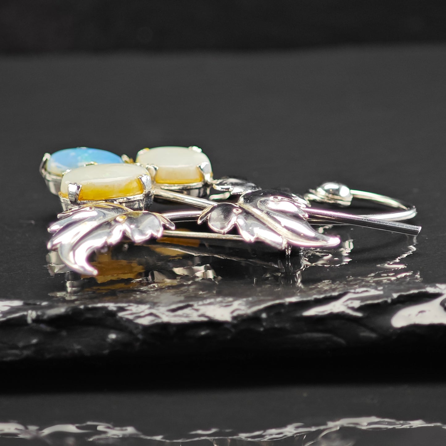 Vintage Opal Doublet Leaf Brooch Sterling Silver B2157