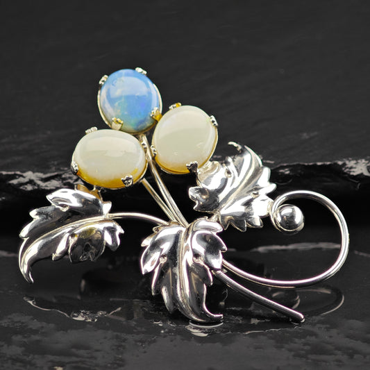 Vintage Opal Doublet Leaf Brooch Sterling Silver B2157