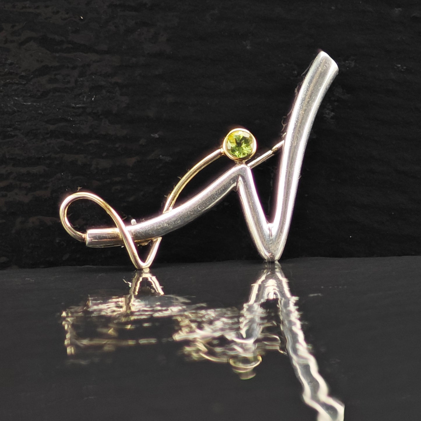 Modernist Gold Accent Green CZ Brooch Sterling Silver B2162