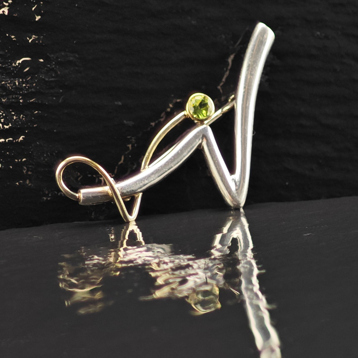 Modernist Gold Accent Green CZ Brooch Sterling Silver B2162