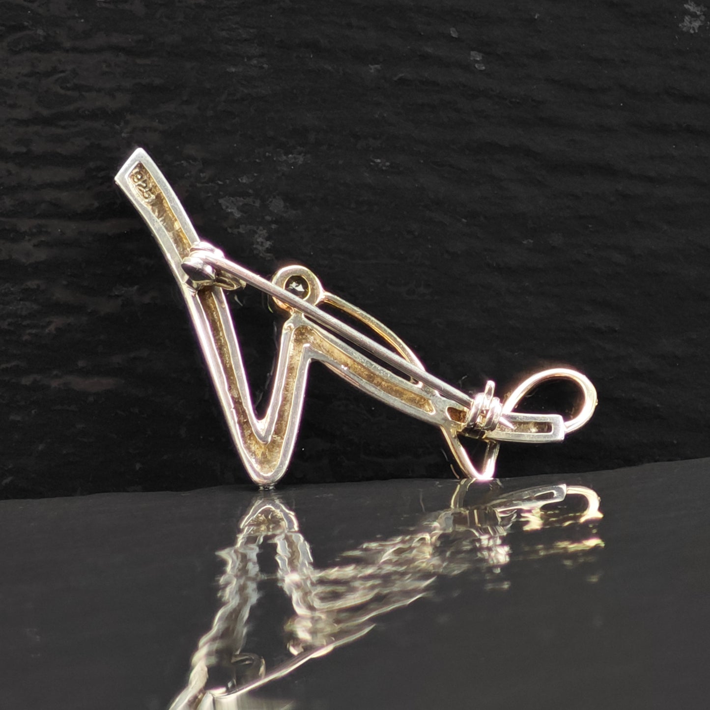 Modernist Gold Accent Green CZ Brooch Sterling Silver B2162