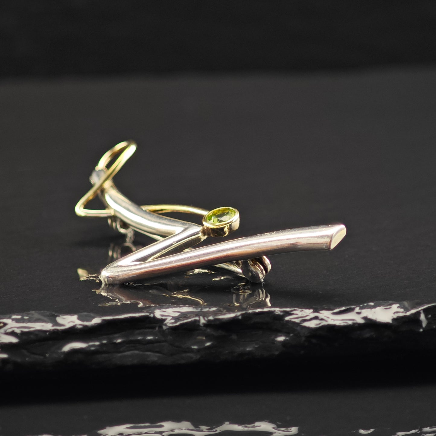 Modernist Gold Accent Green CZ Brooch Sterling Silver B2162
