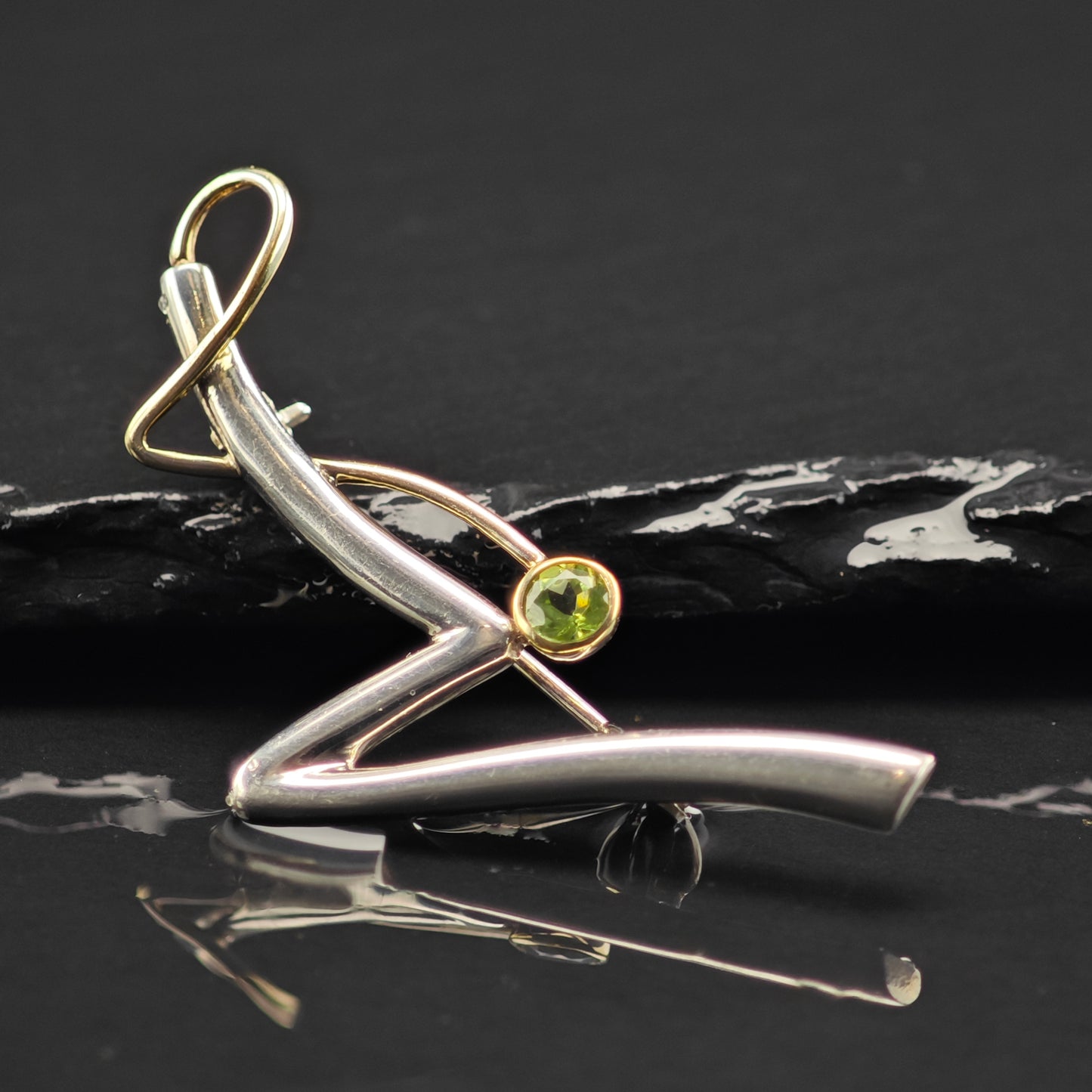 Modernist Gold Accent Green CZ Brooch Sterling Silver B2162