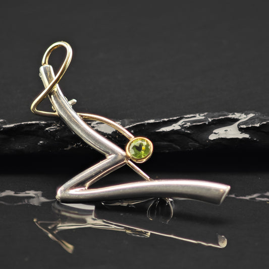 Modernist Gold Accent Green CZ Brooch Sterling Silver B2162