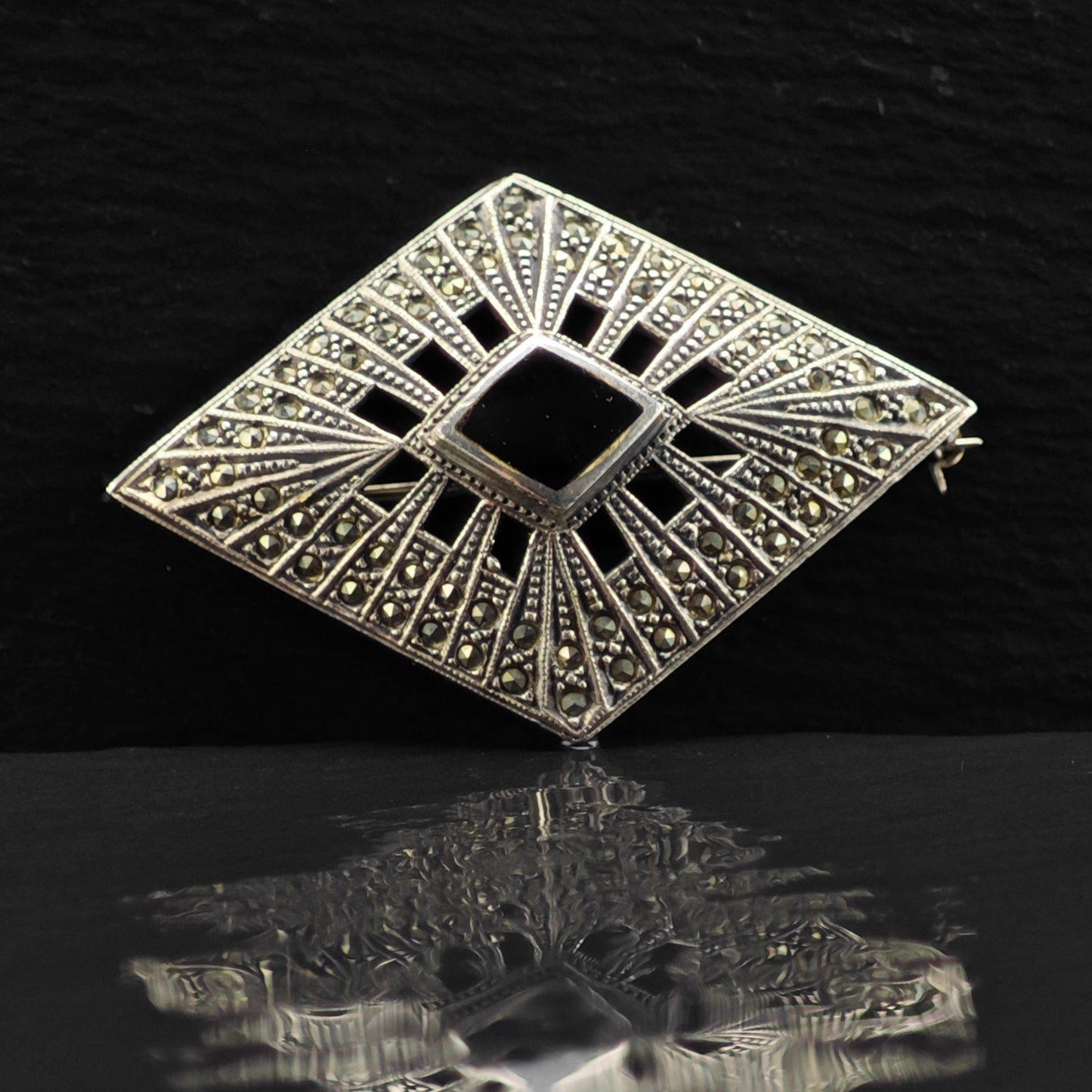 Art Deco Style Black Onyx Diamond Shaped Brooch Sterling Silver B2165