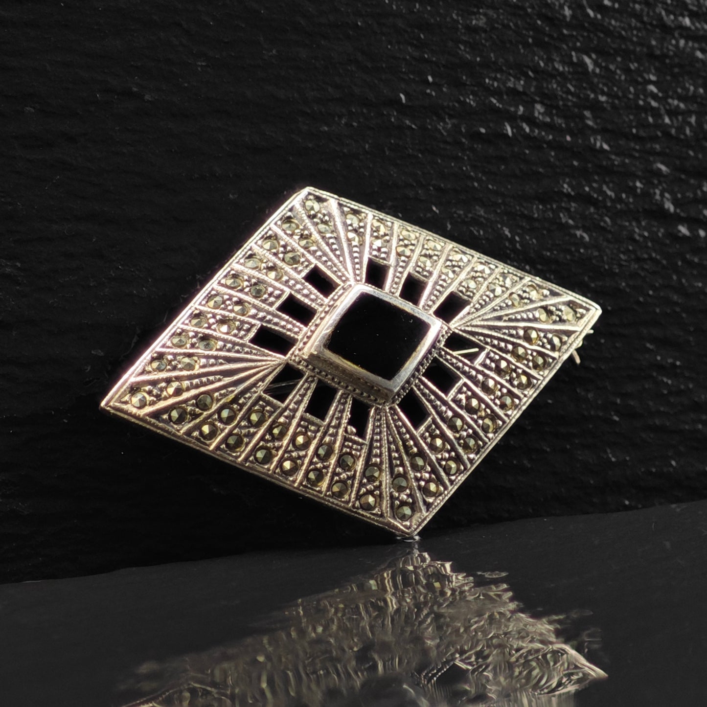 Art Deco Style Black Onyx Diamond Shaped Brooch Sterling Silver B2165
