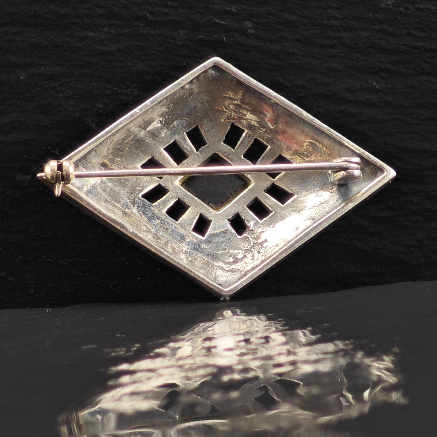 Art Deco Style Black Onyx Diamond Shaped Brooch Sterling Silver B2165