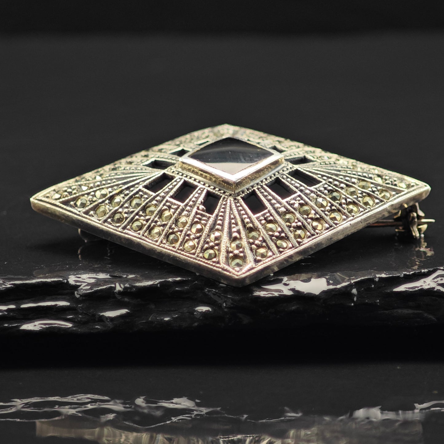 Art Deco Style Black Onyx Diamond Shaped Brooch Sterling Silver B2165
