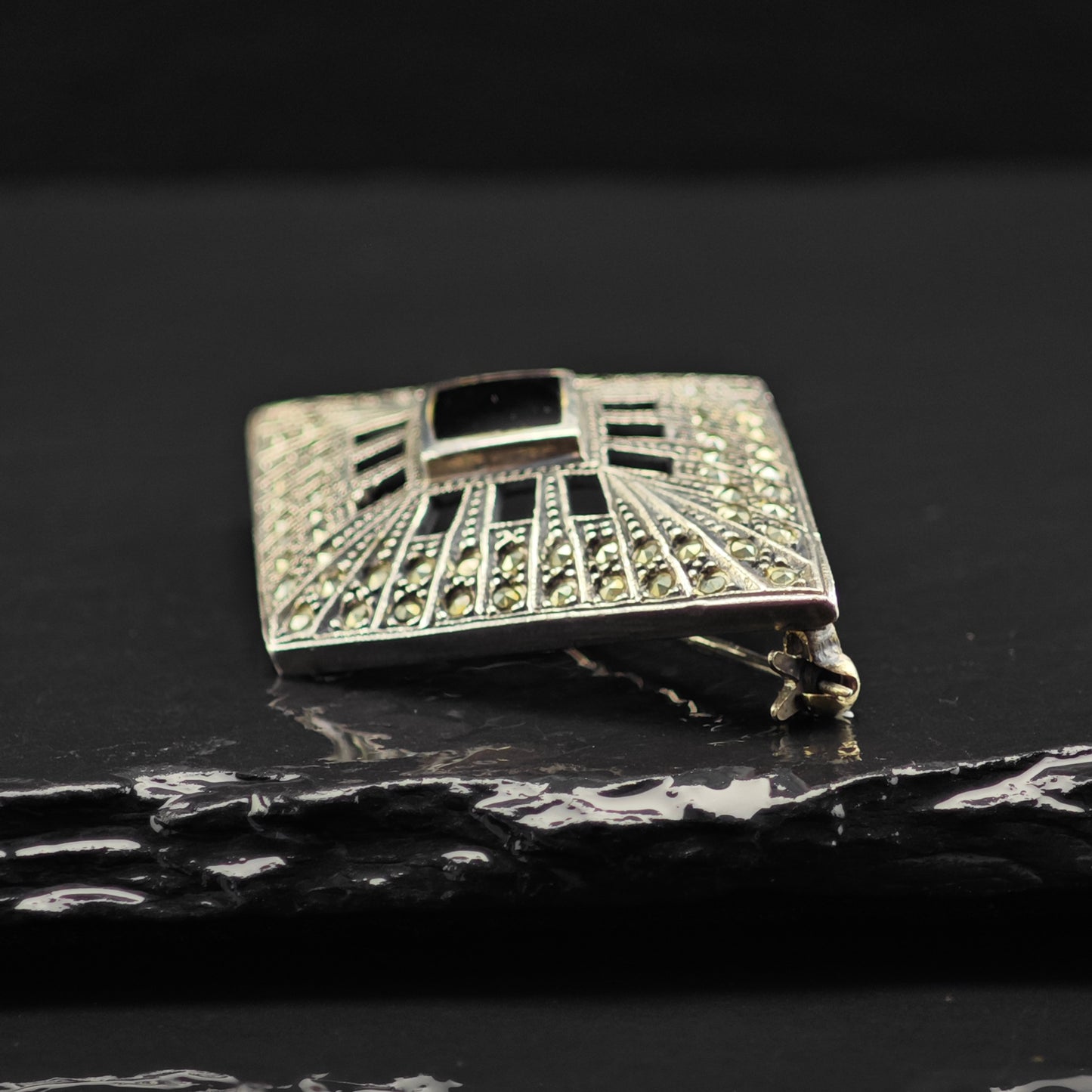 Art Deco Style Black Onyx Diamond Shaped Brooch Sterling Silver B2165