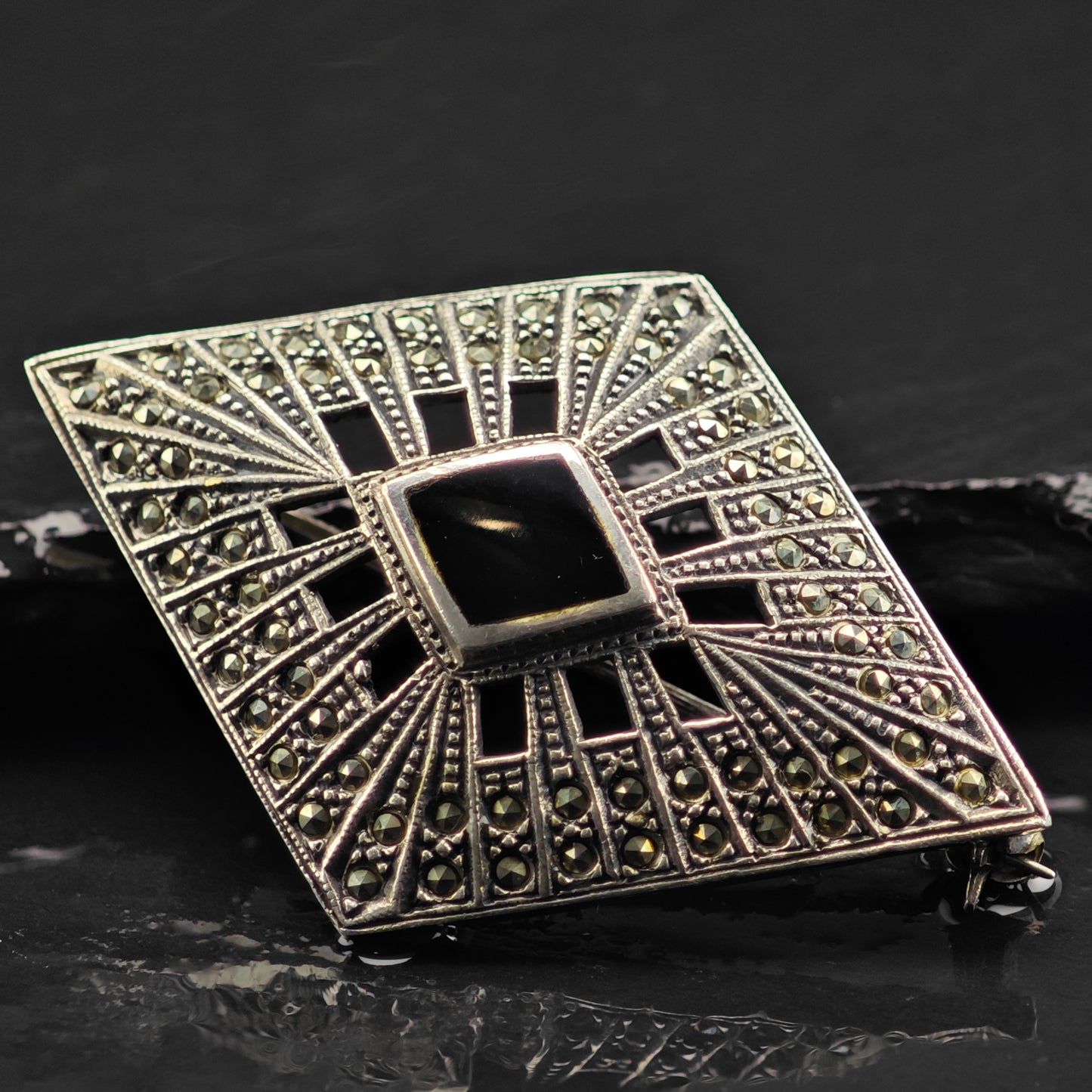 Art Deco Style Black Onyx Diamond Shaped Brooch Sterling Silver B2165