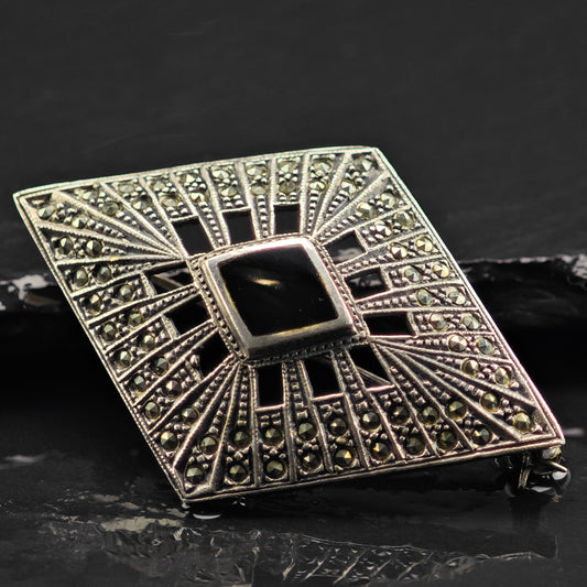 Art Deco Style Black Onyx Diamond Shaped Brooch Sterling Silver B2165