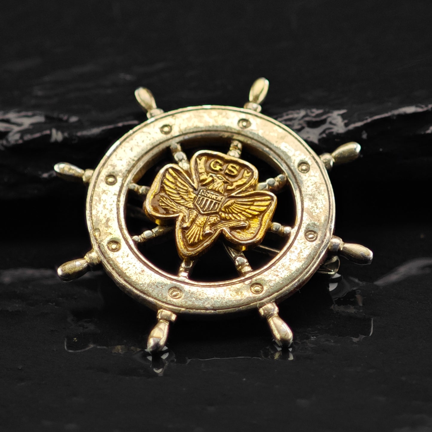 GS Military Helm Brass Accent Brooch Sterling Silver B2166