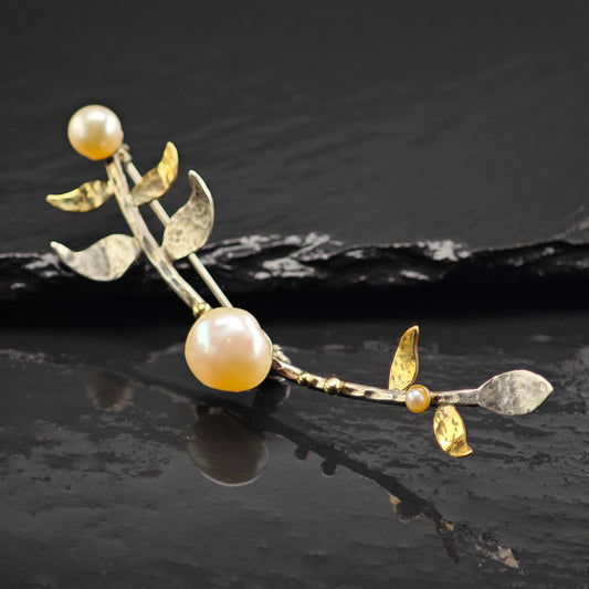Talma Pearl Solid Gold Accent Branch Brooch Sterling Silver B2169