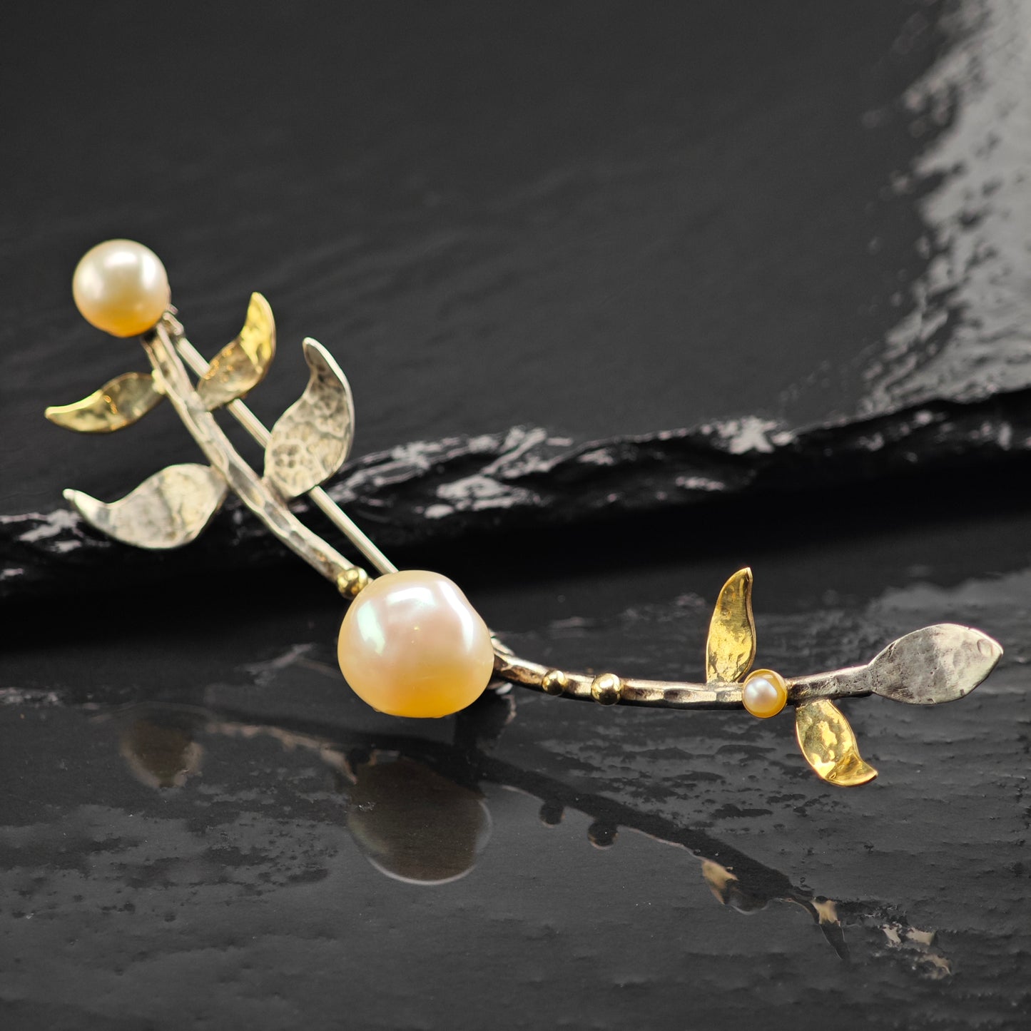 Talma Pearl Solid Gold Accent Branch Brooch Sterling Silver B2169