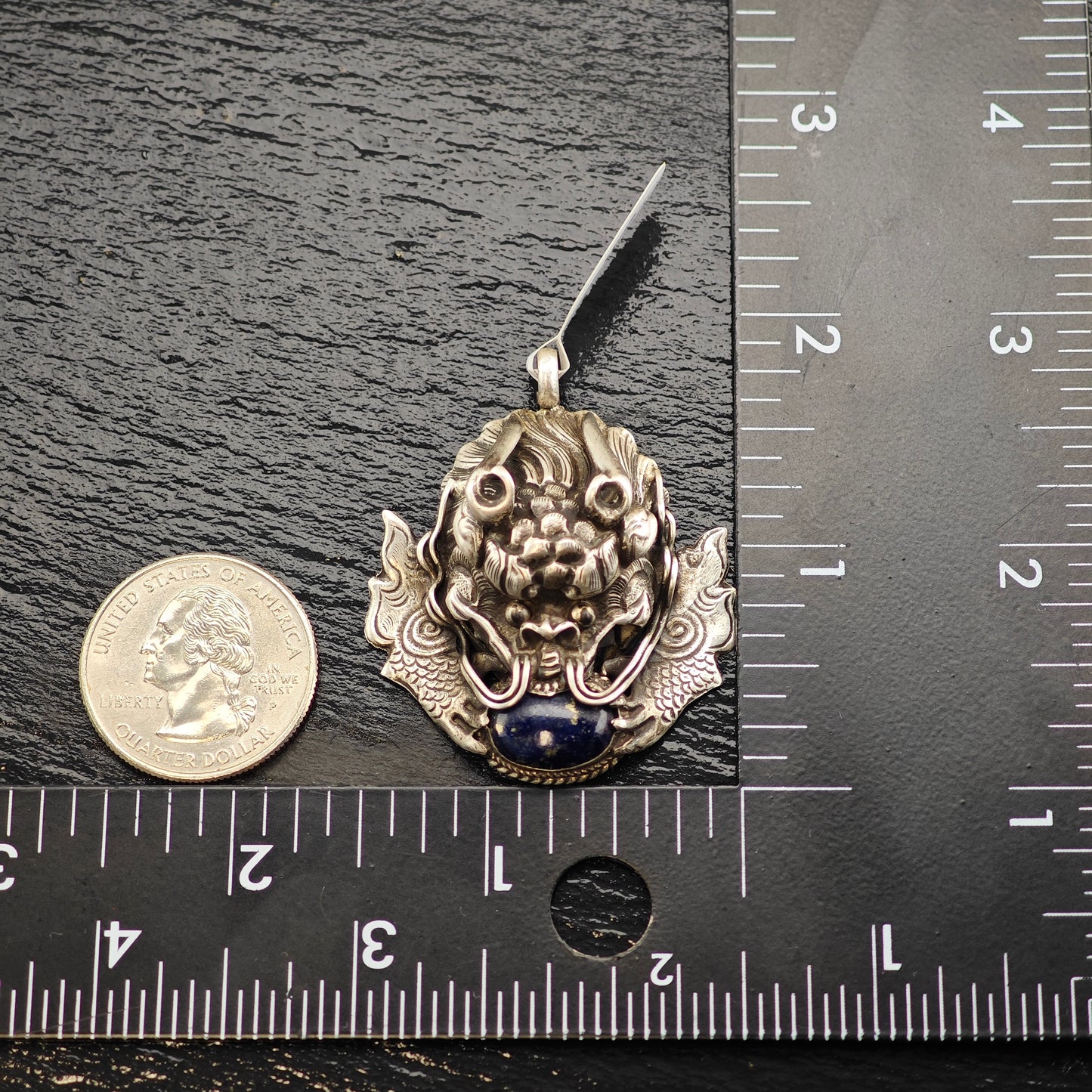 Antique Lapis Dragon Pendant Sterling Silver P2904