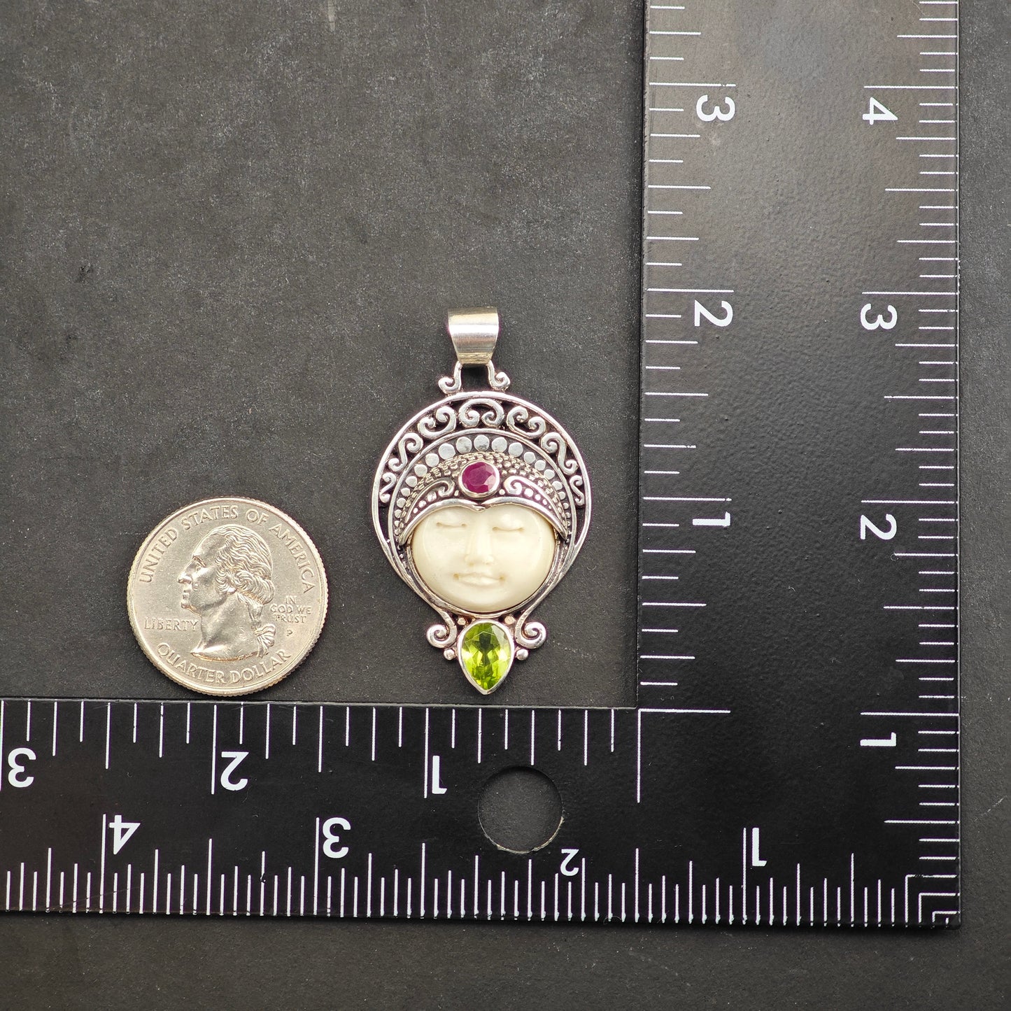 Bali Goddess, Ruby, Peridot Pendant Sterling Silver