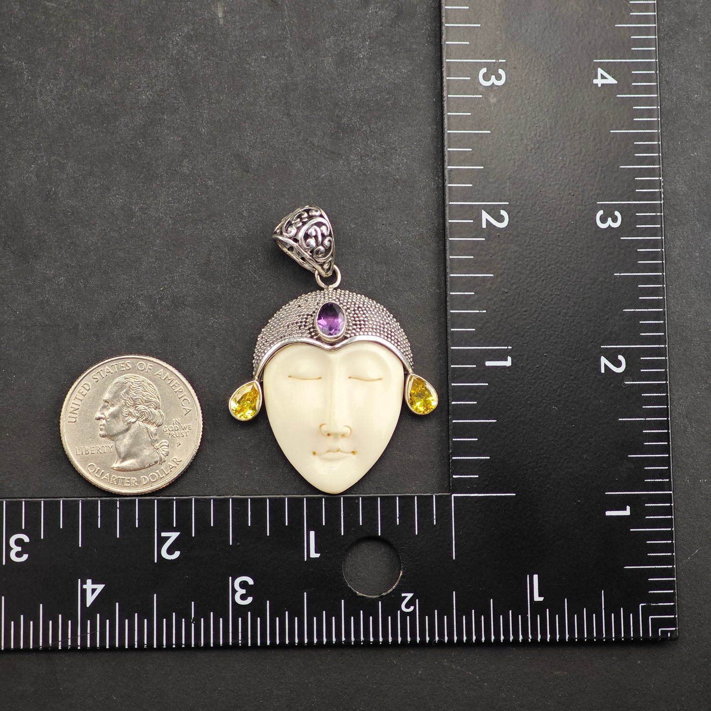 Bali Goddess, Amethyst, Citrine Pendant, Sterling Silver