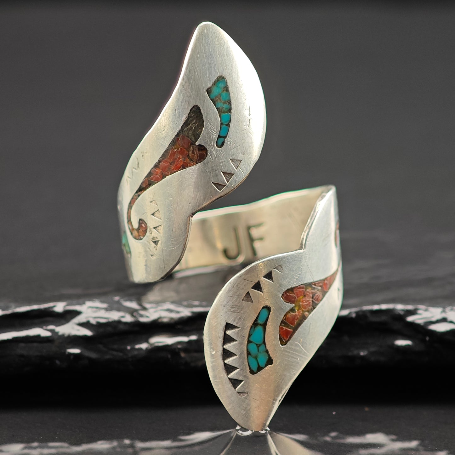 Navajo Inlay Wrap Ring Sterling Silver Sz 8 R6456
