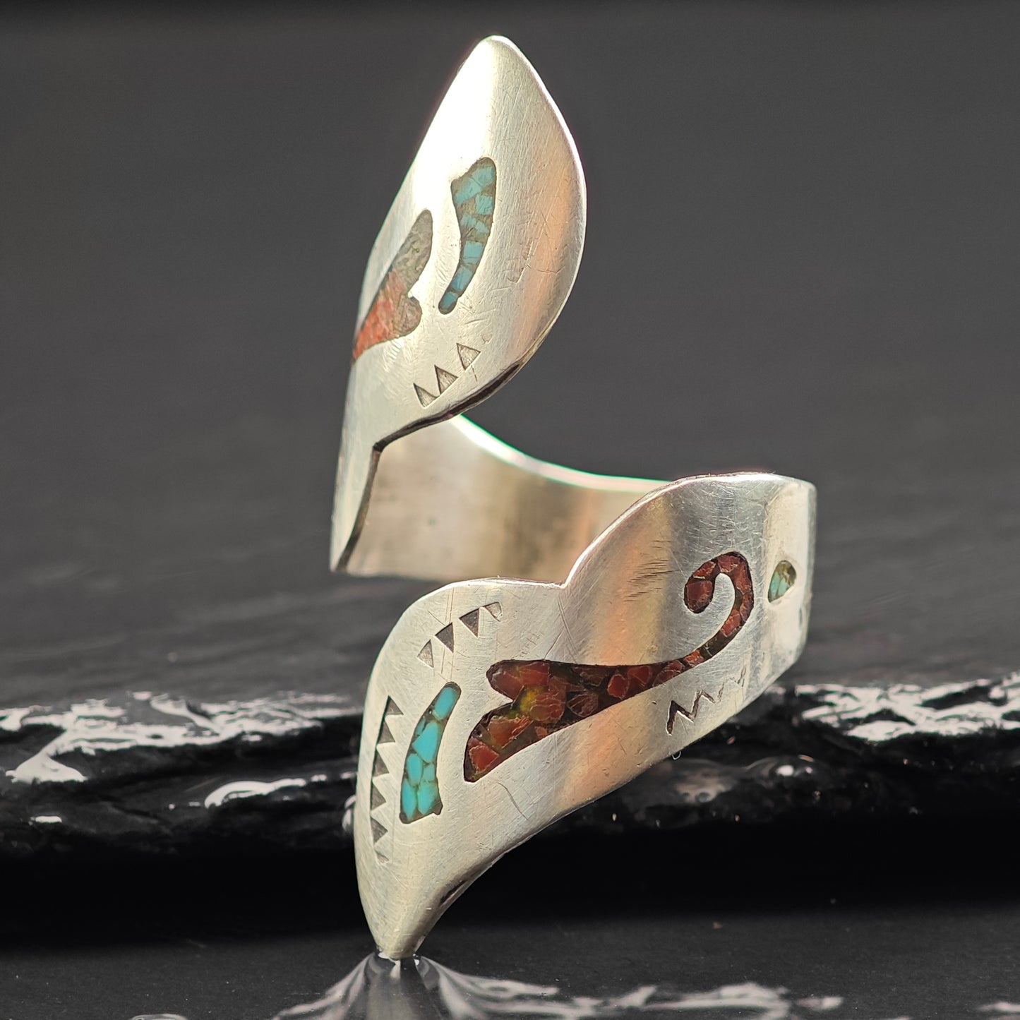 Navajo Inlay Wrap Ring Sterling Silver Sz 8 R6456