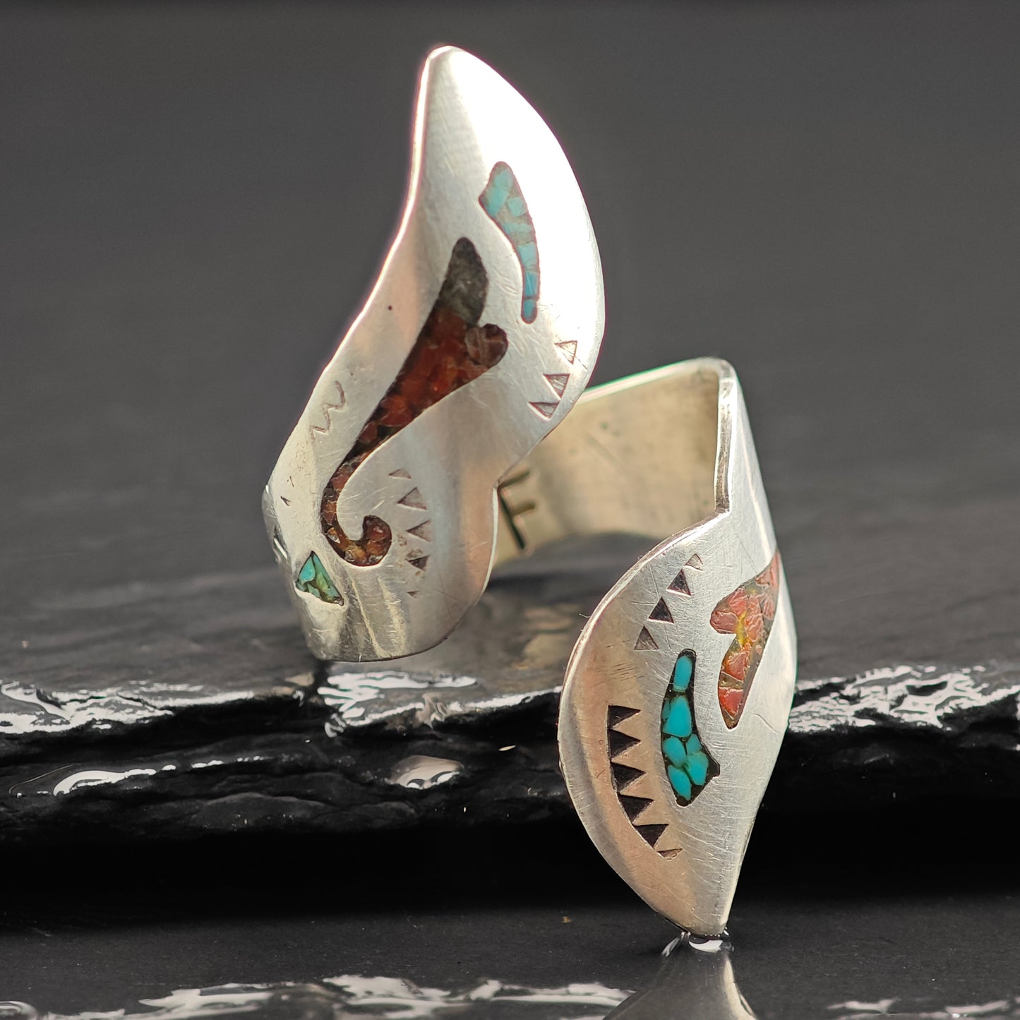 Navajo Inlay Wrap Ring Sterling Silver Sz 8 R6456