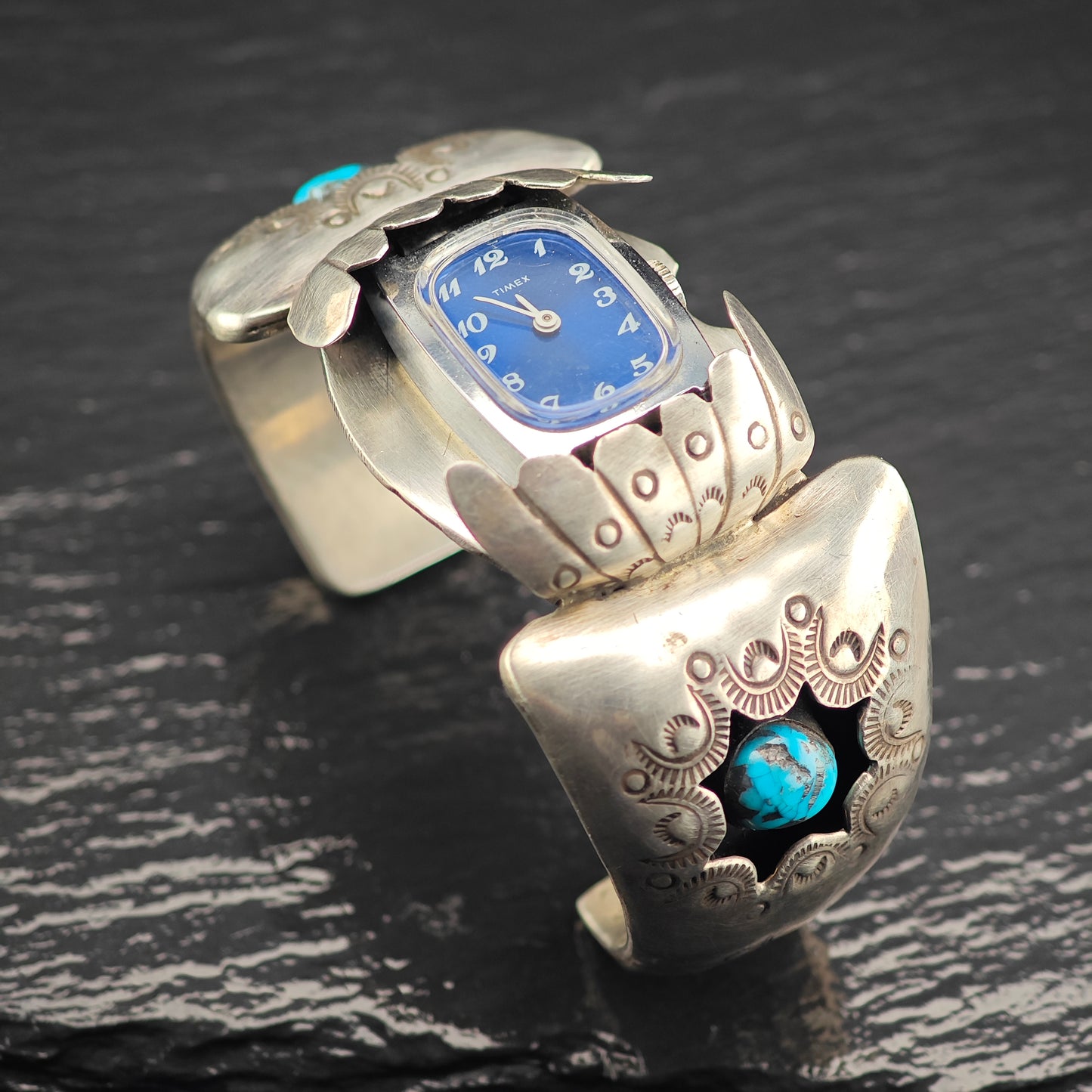 Native American Sterling Silver Morenci Turquoise Squash Blossom Watch Set N2685