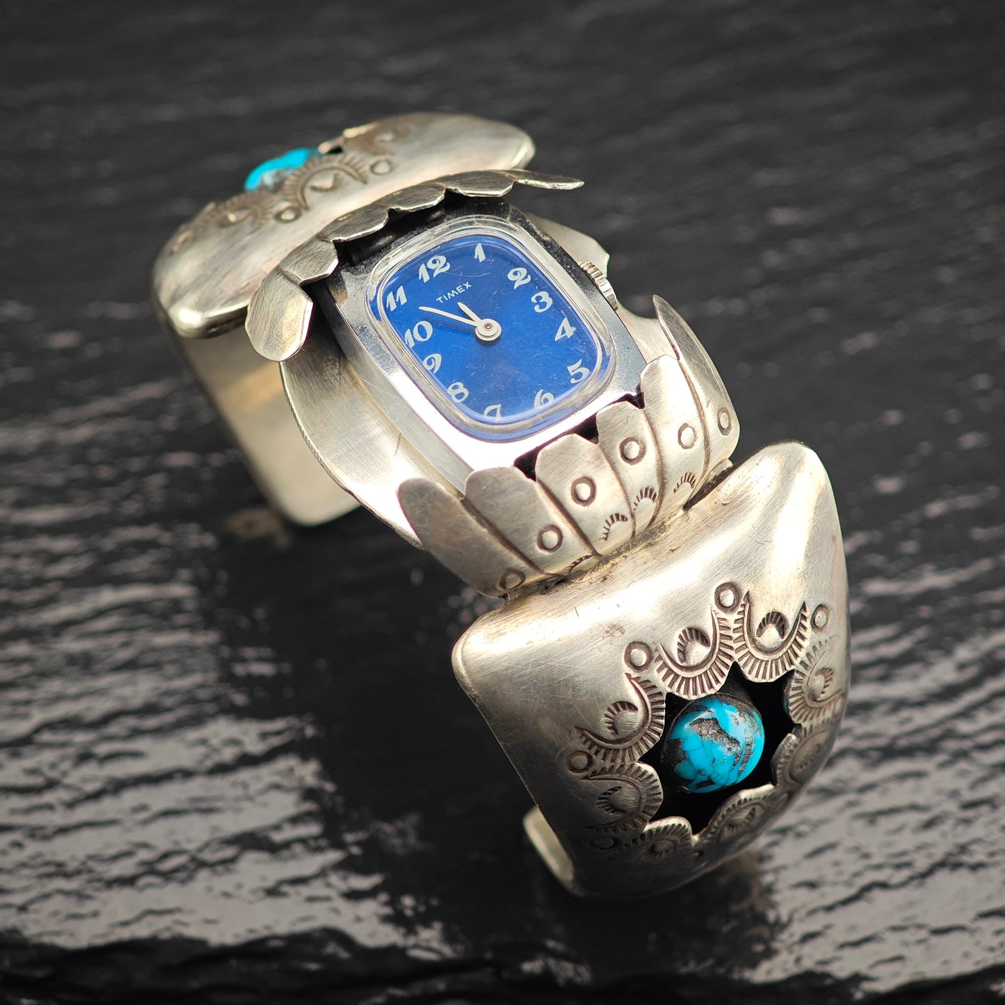 Native American Sterling Silver Morenci Turquoise Squash Blossom Watch Set N2685