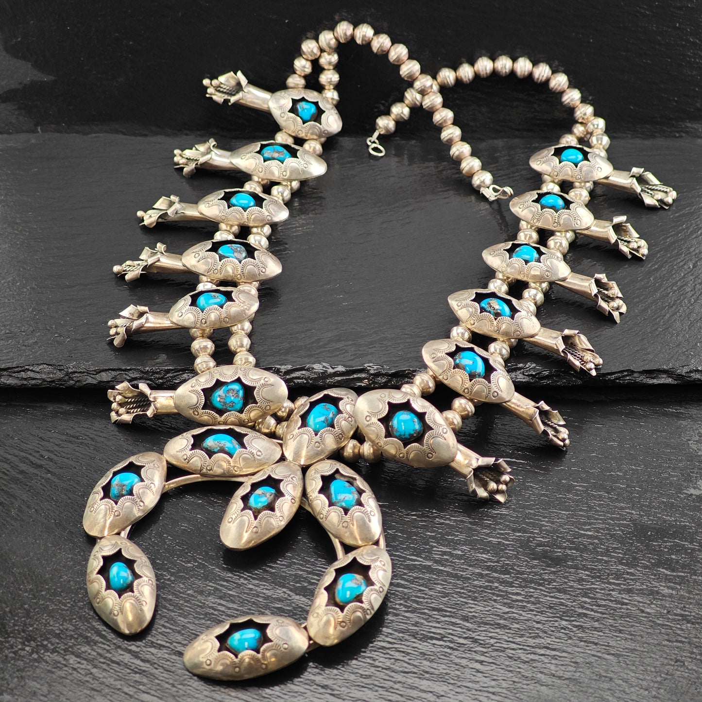 Native American Sterling Silver Morenci Turquoise Squash Blossom Watch Set N2685