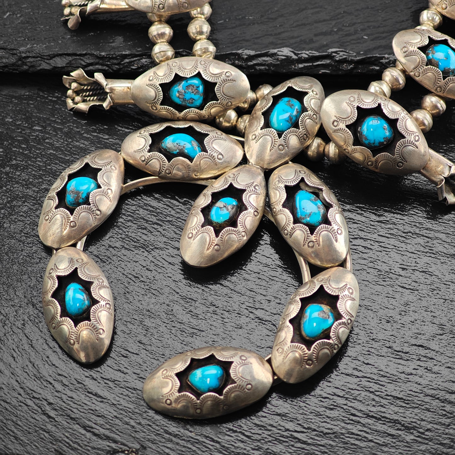 Native American Sterling Silver Morenci Turquoise Squash Blossom Watch Set N2685