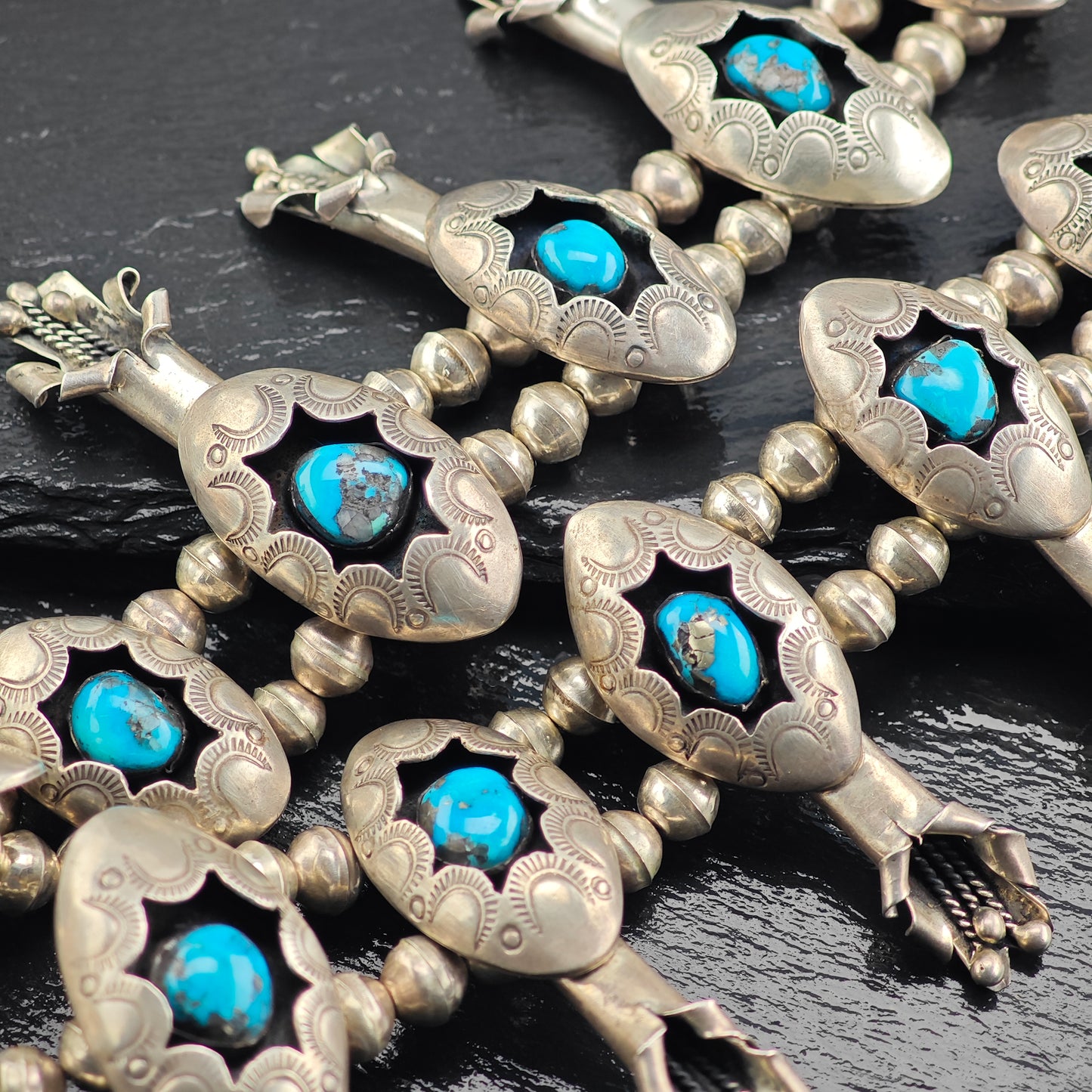 Native American Sterling Silver Morenci Turquoise Squash Blossom Watch Set N2685