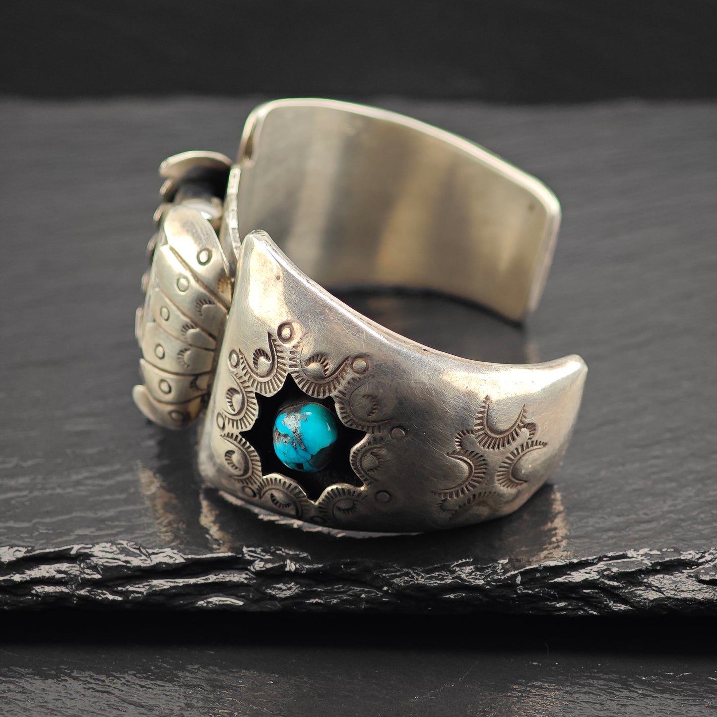 Native American Sterling Silver Morenci Turquoise Squash Blossom Watch Set N2685