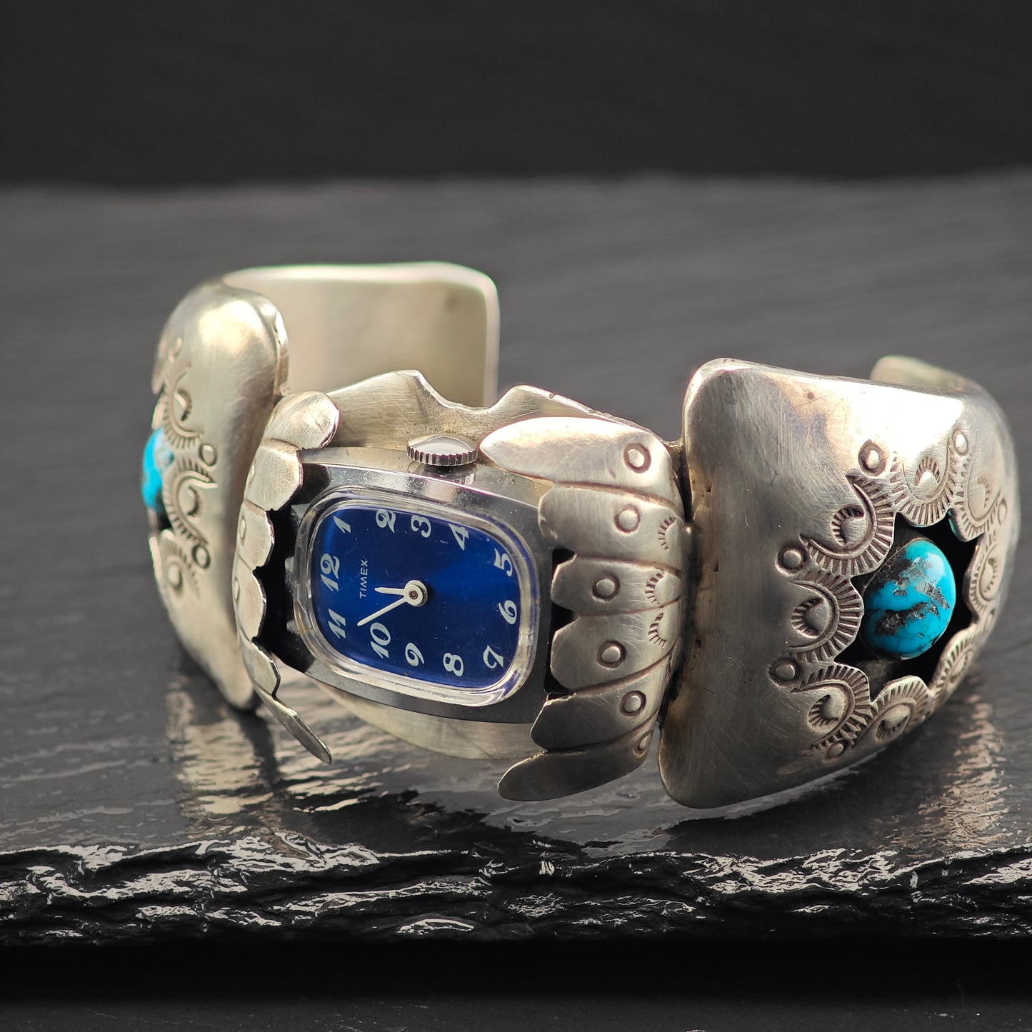 Native American Sterling Silver Morenci Turquoise Squash Blossom Watch Set N2685