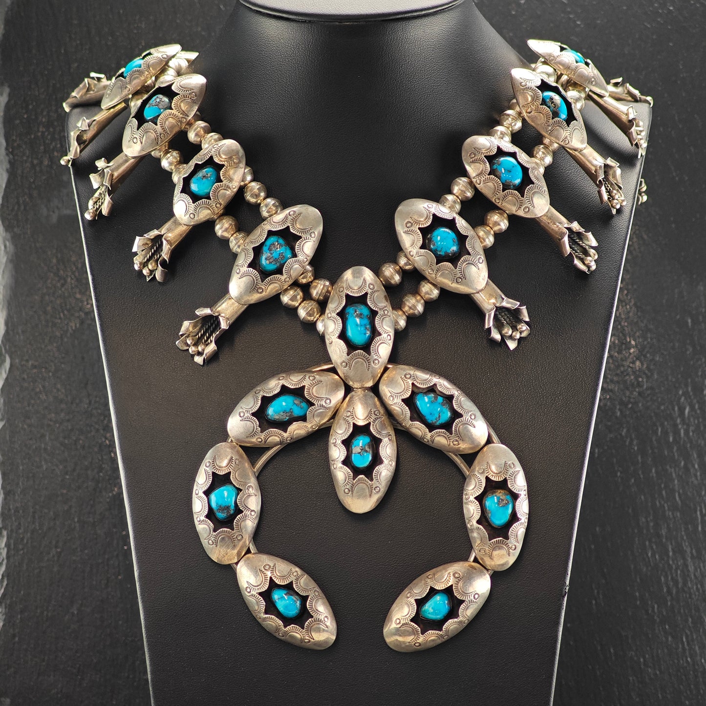 Native American Sterling Silver Morenci Turquoise Squash Blossom Watch Set N2685