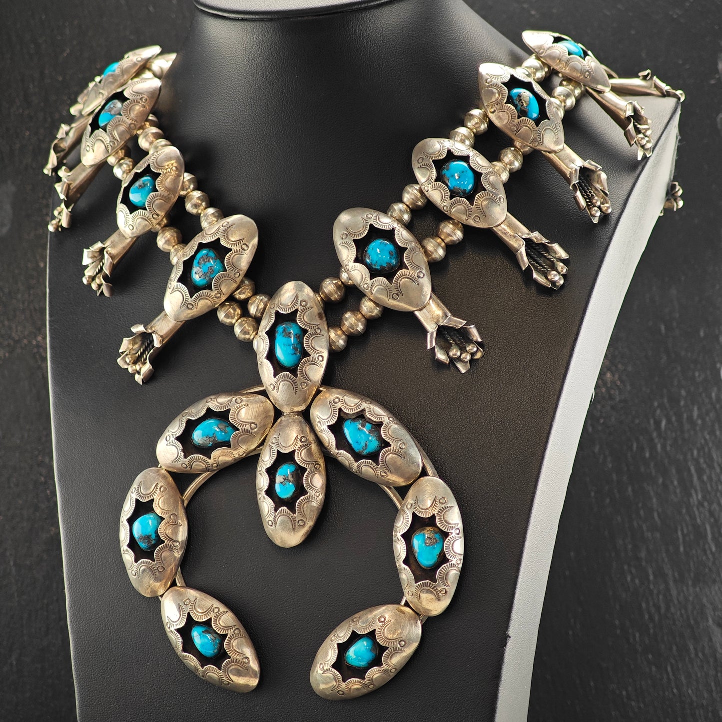 Native American Sterling Silver Morenci Turquoise Squash Blossom Watch Set N2685