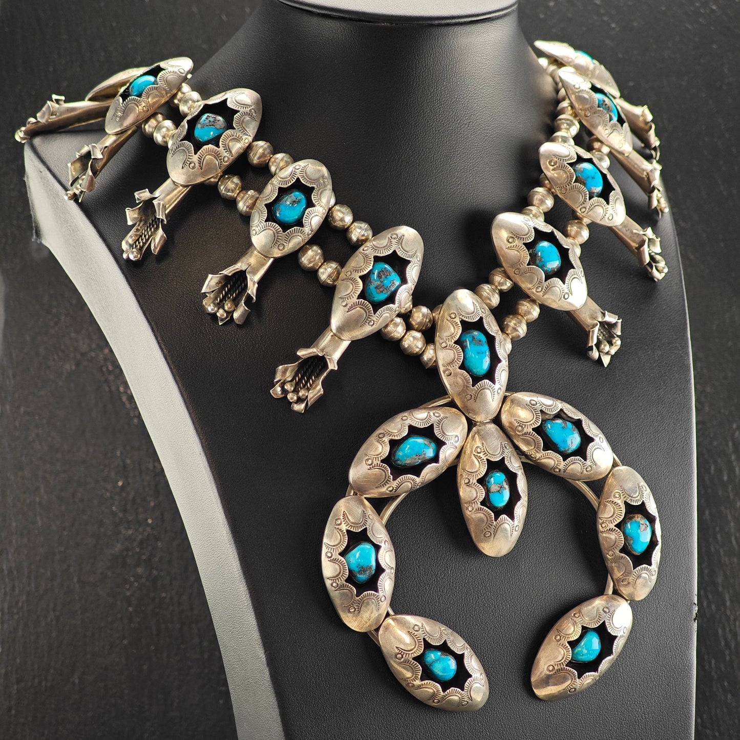 Native American Sterling Silver Morenci Turquoise Squash Blossom Watch Set N2685