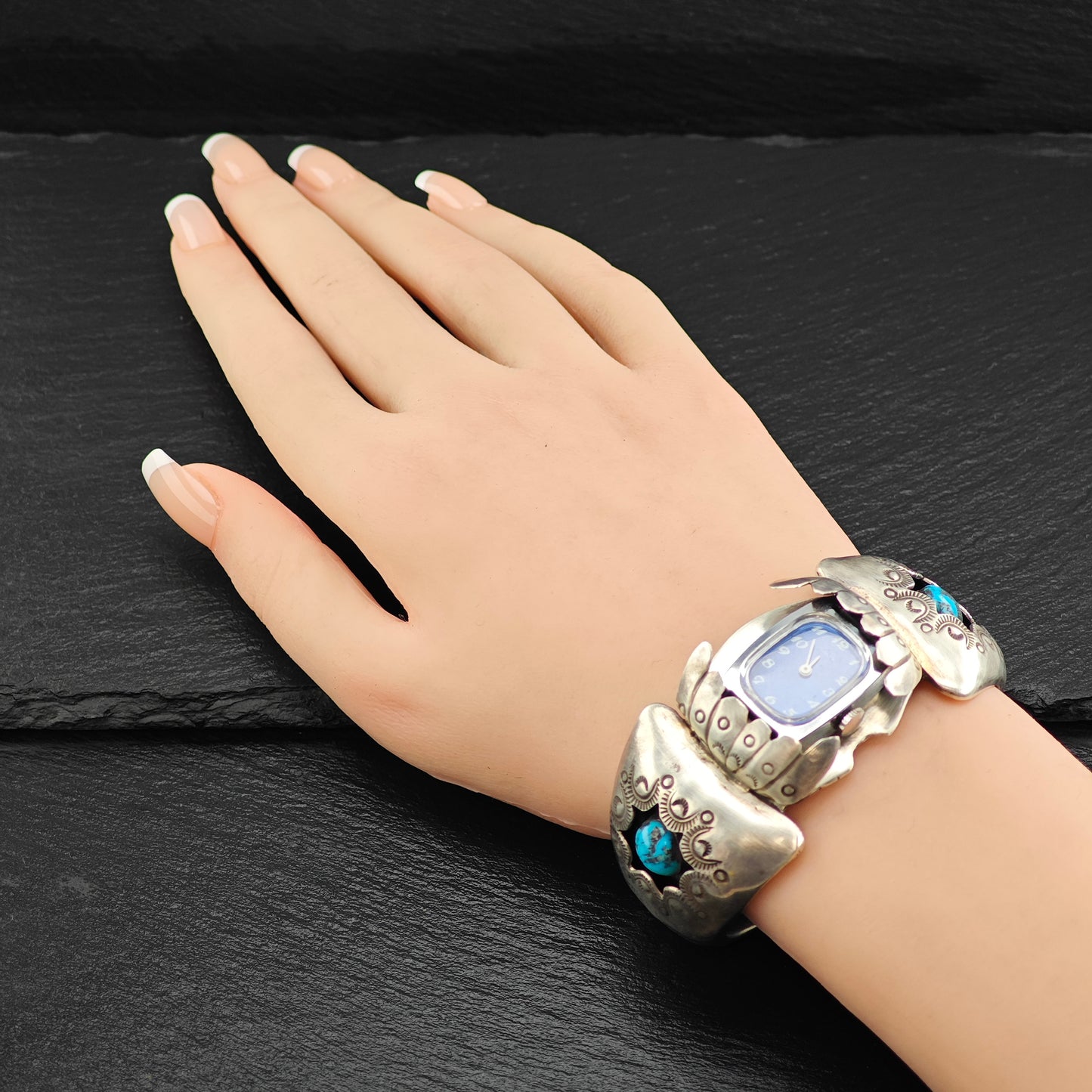 Native American Sterling Silver Morenci Turquoise Squash Blossom Watch Set N2685