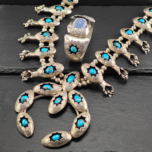 Native American Sterling Silver Morenci Turquoise Squash Blossom Watch Set N2685