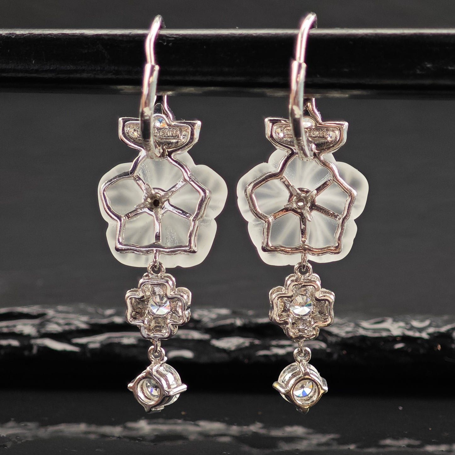 Carved Flower CZ Sterling Silver Leverback/Dangle Earrings ER3018