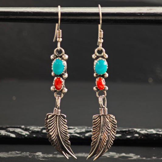 Vintage SW Floral Turquoise & Coral Sterling Silver Hook/Dangle Earrings ER3021