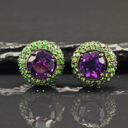 Vintage Amethyst & Pave Tsavorite Sterling Silver Stud Earrings ER3022