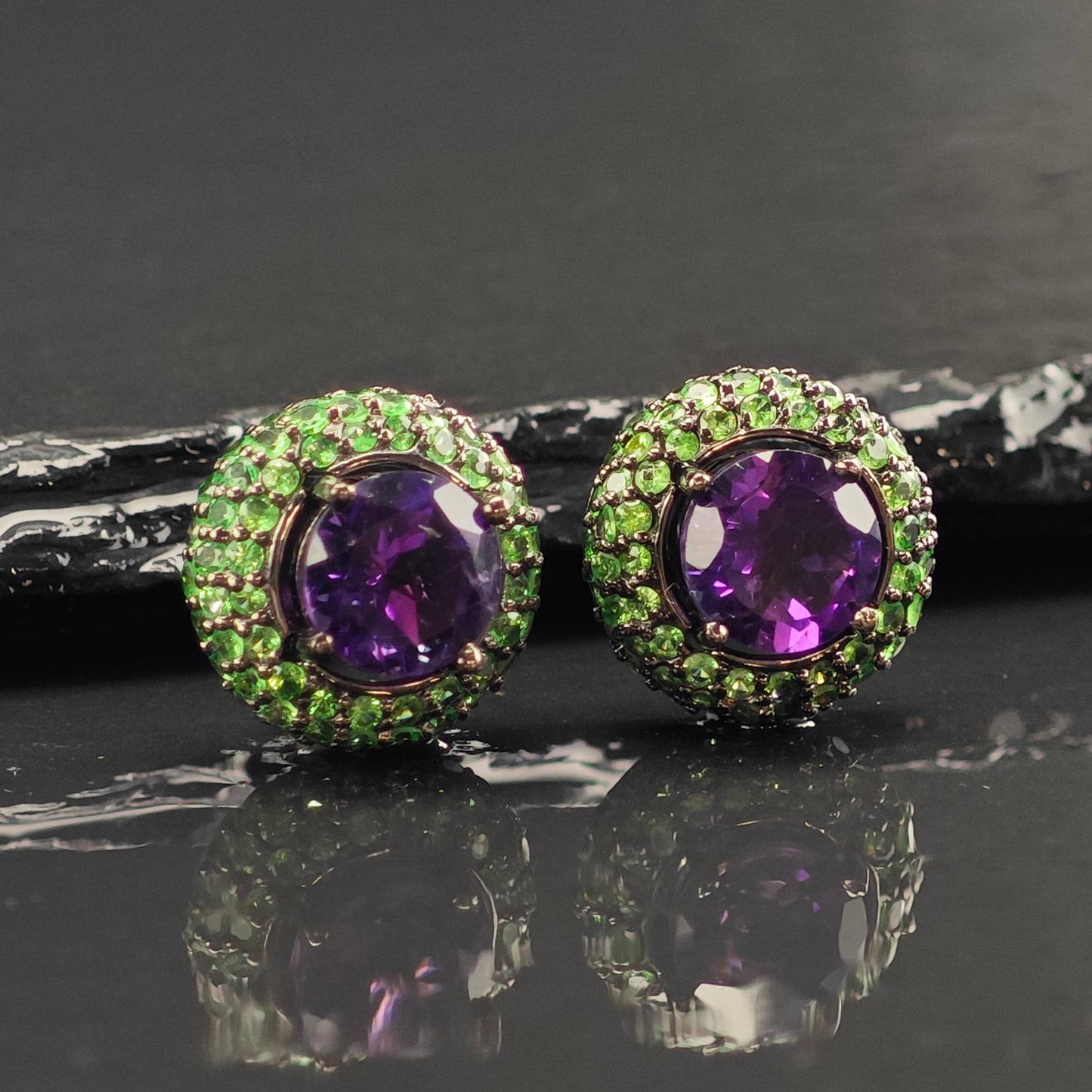Vintage Amethyst & Pave Tsavorite Sterling Silver Stud Earrings ER3022