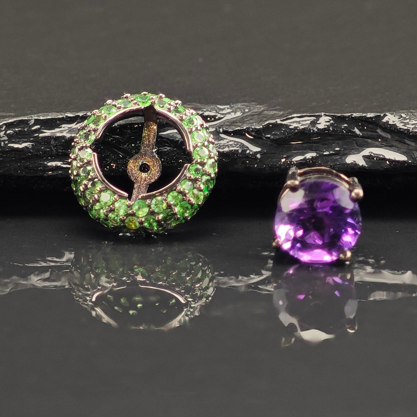 Vintage Amethyst & Pave Tsavorite Sterling Silver Stud Earrings ER3022