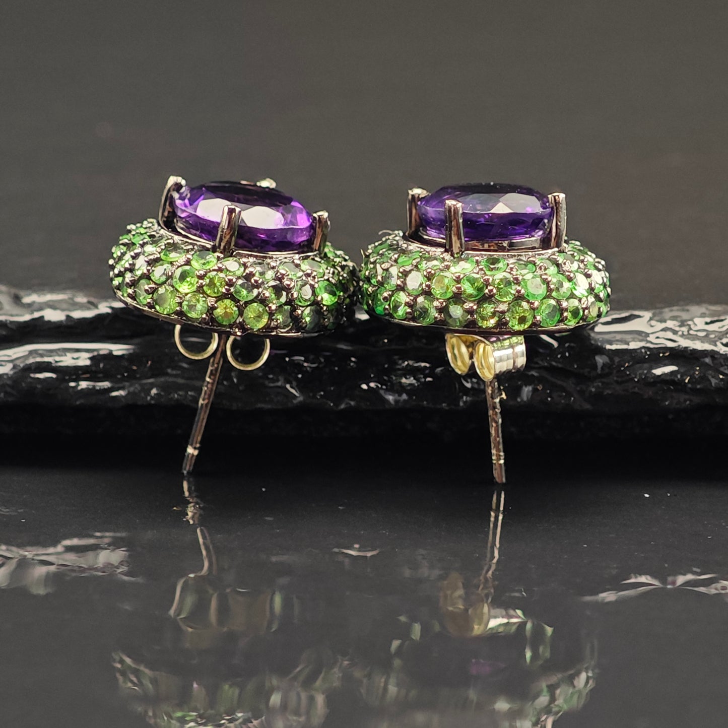 Vintage Amethyst & Pave Tsavorite Sterling Silver Stud Earrings ER3022