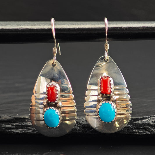 Vintage SW Turquoise & Coral Teardrop Sterling Silver Hook/Dangle Earrings ER3025