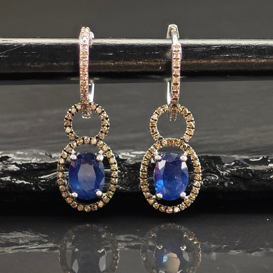 Vintage Treated Sapphires Chocolate Diamonds Sterling Silver Latch Back Earrings ER3027