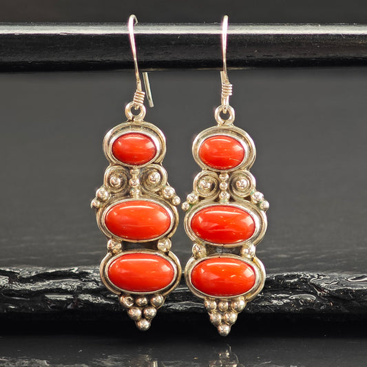 Vintage Coral Drops Sterling Silver Hook/Dangle Earrings ER3030