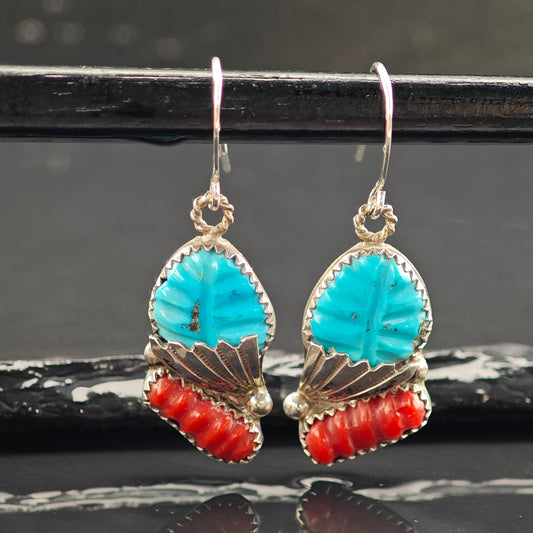 Vintage Zuni Turquoise & Coral Carved Sterling Silver Hook/Dangle Earrings ER3038